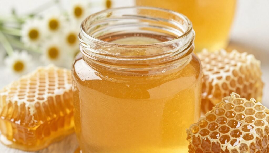 A close-up of a jar of filtered honey, showcasing its smooth, glossy surface catching the light, with a subtle golden hue. The honey is surrounded by a few honeycomb pieces, displaying their uniform hexagonal patterns, hinting at the filtering process. In the background, soft-focus wildflowers add a natural and organic feel, suggesting the source of the honey. The setting is well-lit with warm, diffused lighting to create an inviting atmosphere. Use a macro lens perspective to capture the intricate details of the honey and honeycomb. The mood should feel serene and wholesome, emphasizing purity and clarity, perfect for illustrating the differences between filtered and unfiltered honey varieties. A close-up of a jar of filtered honey, showcasing its smooth, glossy surface catching the light, with a subtle golden hue. The honey is surrounded by a few honeycomb pieces, displaying their uniform hexagonal patterns, hinting at the filtering process. In the background, soft-focus wildflowers add a natural and organic feel, suggesting the source of the honey. The setting is well-lit with warm, diffused lighting to create an inviting atmosphere. Use a macro lens perspective to capture the intricate details of the honey and honeycomb. The mood should feel serene and wholesome, emphasizing purity and clarity, perfect for illustrating the differences between filtered and unfiltered honey varieties.