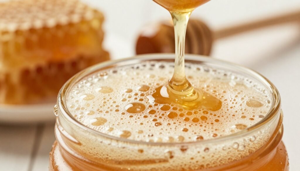 A close-up of a jar of golden honey, with visually appealing bubbles forming on the surface, showcasing the unique textures created by protein content. In the foreground, emphasize the glistening honey, accentuating the foam with a macro lens to highlight tiny bubbles reflecting light. The middle ground features a soft-focus background of blurred honeycombs and a wooden honey dipper drizzling honey, enhancing the natural context. Use warm, diffused lighting to create an inviting and cozy atmosphere. The image should evoke curiosity about the science behind honey, focusing on the relationship between protein content and bubble formation, making it suitable for an informative article. A close-up of a jar of golden honey, with visually appealing bubbles forming on the surface, showcasing the unique textures created by protein content. In the foreground, emphasize the glistening honey, accentuating the foam with a macro lens to highlight tiny bubbles reflecting light. The middle ground features a soft-focus background of blurred honeycombs and a wooden honey dipper drizzling honey, enhancing the natural context. Use warm, diffused lighting to create an inviting and cozy atmosphere. The image should evoke curiosity about the science behind honey, focusing on the relationship between protein content and bubble formation, making it suitable for an informative article.