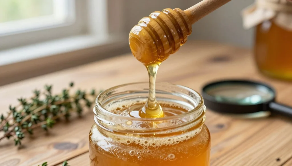 A close-up of a jar of honey showing distinct signs of fermentation. The foreground features the jar, with tiny bubbles forming on the surface and a slightly cloudy appearance, indicating spoilage. Some honey is dripping from a wooden honey dipper, highlighting its viscous texture. In the middle, a rustic wooden table is adorned with a few sprigs of thyme and a small magnifying glass, symbolizing examination. The background consists of softly blurred warm colors, resembling a cozy kitchen setting infused with natural light pouring through a nearby window, casting gentle shadows. The mood is inquisitive and informative, inviting the viewer to learn about these signs of fermentation in honey. The image is sharp with a focus on the jar, creating an immersive and engaging feel. A close-up of a jar of honey showing distinct signs of fermentation