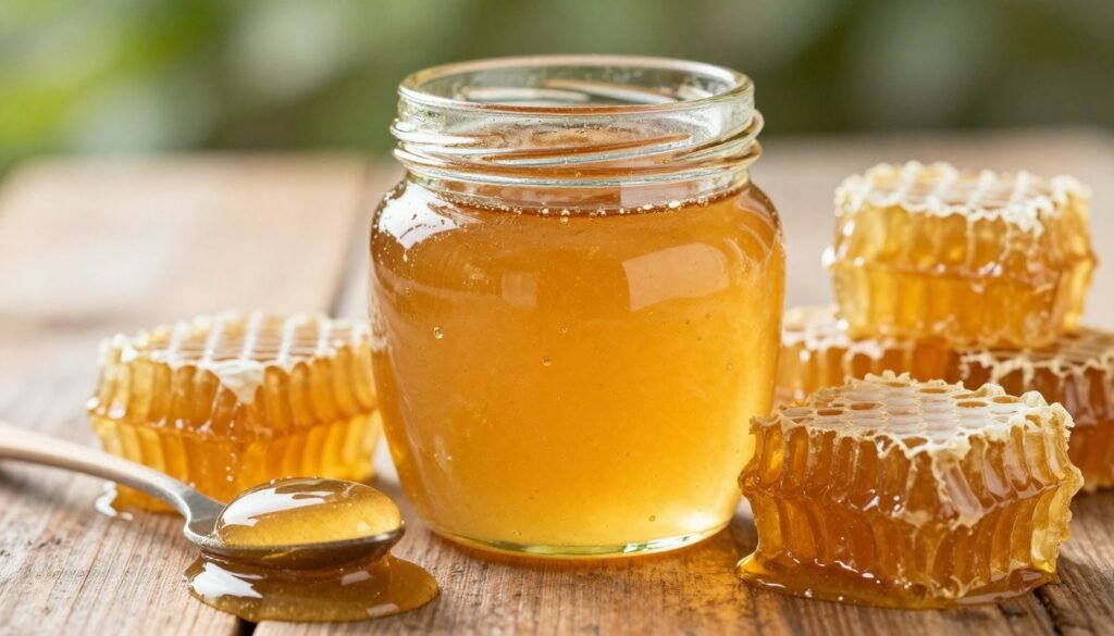 A close-up of a jar of raw honey, its golden amber hue glistening under soft, diffused sunlight. The jar, made of clear glass, rests on a rustic wooden surface, revealing the honey's thick, viscous texture and natural impurities. Surrounding the jar are scattered spoonfuls of unprocessed honeycomb, showcasing the hexagonal shapes and rich, waxy richness. In the background, blurred green foliage hints at the bees' natural habitat, creating a fresh, organic atmosphere. The lighting is warm and inviting, emphasizing the honey's glow and evoking a sense of health and vitality. The overall mood is calming and wholesome, ideal for illustrating the nutritional benefits of honey. Focus on the details, avoiding distractions, for a clean and clear composition.
