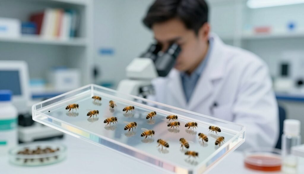A close-up of a microscope slide featuring a clear, organized count of Varroa mites under high magnification, capturing the intricate details of their shape and texture. In the foreground, the slide is positioned prominently, with light filtering through the microscope, emphasizing the tiny details. In the middle ground, a professional entomologist in a lab coat peers intently into the microscope, showcasing a focused expression, surrounded by lab equipment such as petri dishes and vials. The background features softly blurred shelves filled with books and scientific instruments, creating a clinical and informative atmosphere. The lighting is bright and sterile, enhancing the mood of precision and professionalism, while the overall composition conveys the seriousness of accurate mite counts in beekeeping. A close-up of a microscope slide featuring a clear, organized count of Varroa mites under high magnification, capturing the intricate details of their shape and texture. In the foreground, the slide is positioned prominently, with light filtering through the microscope, emphasizing the tiny details. In the middle ground, a professional entomologist in a lab coat peers intently into the microscope, showcasing a focused expression, surrounded by lab equipment such as petri dishes and vials. The background features softly blurred shelves filled with books and scientific instruments, creating a clinical and informative atmosphere. The lighting is bright and sterile, enhancing the mood of precision and professionalism, while the overall composition conveys the seriousness of accurate mite counts in beekeeping.