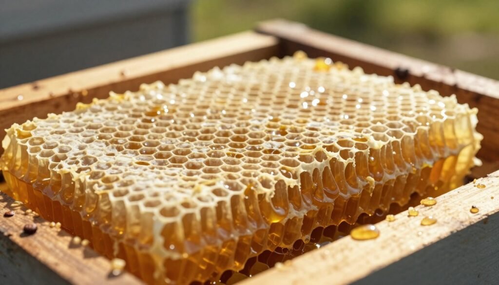 A close-up of a natural honeycomb structure, featuring intricate hexagonal cells filled with golden honey, set against a softly blurred background of a rustic wooden hive. In the foreground, sunlight streams in, casting warm, dappled light across the comb, highlighting its texture and the glistening honey. The middle ground shows gentle shadows enhancing the depth of the comb, creating a sense of warmth and life. The overall atmosphere is serene and inviting, evoking the beauty of beekeeping. The image captures the essence of natural comb in a professional manner, suitable for an informative article.