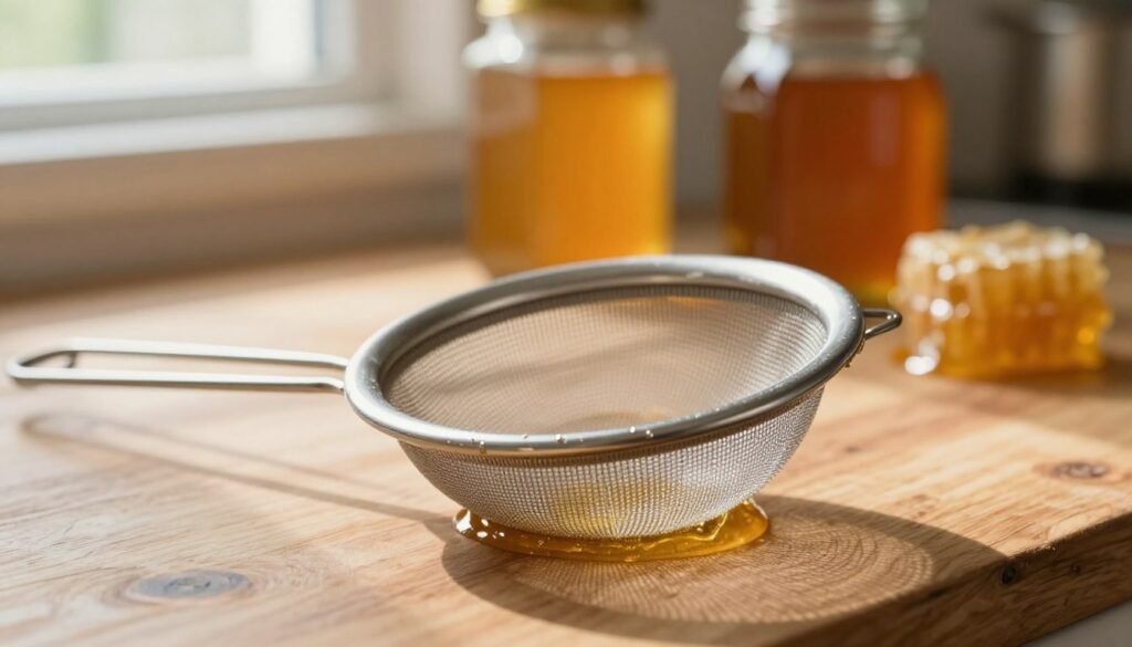 A close-up of a nylon honey strainer presented on a rustic wooden kitchen countertop, highlighting the fine mesh texture and its unique shape. In the foreground, the strainer is angled slightly, allowing the light to illuminate the strands of nylon and show the droplets of honey glistening on its surface. In the middle background, there are jars of both coarse and fine-strained honey, with a few honeycomb pieces scattered around, emphasizing the filtering process. Soft, natural light streams in from a nearby window, casting gentle shadows that create a warm, inviting atmosphere. The lens captures the intricacies of the strainer’s fabric, enhancing the details while keeping the composition crisp and focused, conveying a sense of craftsmanship in honey preparation.