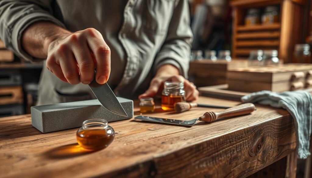 A close-up of a person in modest casual clothing meticulously cleaning an uncapping knife on a wooden workbench. The knife gleams under warm, diffused lighting, showcasing the sharp blade and wooden handle. In the foreground, the person uses a honing stone, with small droplets of water reflecting light, adding a refreshing touch. The middle of the scene features various maintenance tools like oil, cloth, and a small brush, organized neatly. The background is softly blurred, hinting at a cozy workshop filled with beekeeping equipment, such as frames and honey jars. The atmosphere conveys a sense of care and dedication to equipment longevity, emphasizing the importance of maintenance in beekeeping. A close-up of a person in modest casual clothing meticulously cleaning an uncapping knife on a wooden workbench. The knife gleams under warm, diffused lighting, showcasing the sharp blade and wooden handle. In the foreground, the person uses a honing stone, with small droplets of water reflecting light, adding a refreshing touch. The middle of the scene features various maintenance tools like oil, cloth, and a small brush, organized neatly. The background is softly blurred, hinting at a cozy workshop filled with beekeeping equipment, such as frames and honey jars. The atmosphere conveys a sense of care and dedication to equipment longevity, emphasizing the importance of maintenance in beekeeping.
