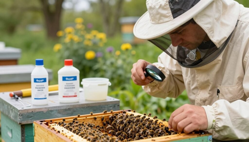 A close-up of a professional beekeeping expert troubleshooting treatment issues in a well-organized apiary. In the foreground, the expert, dressed in a smart, modest beekeeping suit with a veil, examines a beehive frame filled with bees, using a magnifying glass to inspect for signs of distress. In the middle ground, various treatment tools and containers of formic acid are arranged neatly on a table, highlighting the focus on proper application techniques. The background features lush greenery and flowering plants, indicating a thriving environment. Soft, natural lighting filters through the trees, creating a warm and inviting atmosphere, while a shallow depth of field emphasizes the importance of the expert's careful examination and the urgency of addressing common treatment issues.