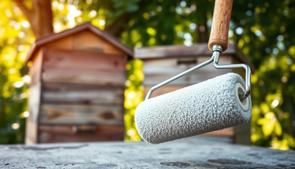 A close-up of a professional-grade hive painting roller designed for exterior use, prominently displayed in the foreground. The roller is equipped with a thick, durable nap suited for textured surfaces, and has a sturdy handle reflecting high-quality craftsmanship. In the middle ground, a wooden bee hive stands gently weathered but intact, showcasing its natural grain and rustic charm. The background features a serene outdoor setting with vibrant greenery and soft sunlight filtering through the leaves, creating a warm and inviting atmosphere. The lighting should accentuate the texture of the roller and the surface of the hive, capturing the essence of expert painting techniques. The scene conveys a sense of care and professionalism in maintaining bee habitats. A close-up of a professional-grade hive painting roller designed for exterior use, prominently displayed in the foreground. The roller is equipped with a thick, durable nap suited for textured surfaces, and has a sturdy handle reflecting high-quality craftsmanship. In the middle ground, a wooden bee hive stands gently weathered but intact, showcasing its natural grain and rustic charm. The background features a serene outdoor setting with vibrant greenery and soft sunlight filtering through the leaves, creating a warm and inviting atmosphere. The lighting should accentuate the texture of the roller and the surface of the hive, capturing the essence of expert painting techniques. The scene conveys a sense of care and professionalism in maintaining bee habitats.