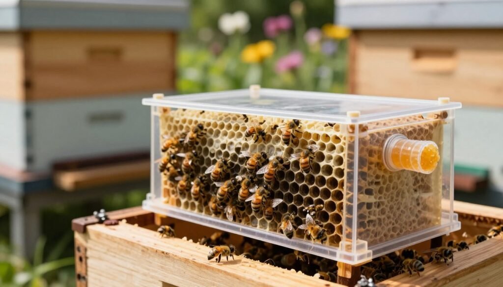 A close-up of a queen bee cage, prominently displayed in the foreground, showcasing its intricate structure and the candy plug visibly placed at one end. The cage should be made of transparent plastic, revealing the queen bee nestled within while surrounded by worker bees. In the middle ground, include a gently blurred hive entrance with soft wooden textures, hinting at a natural beekeeping environment. The background can feature a soft-focus garden scene with flowers and greenery, enhancing the context of bee activity. Natural sunlight filters through the scene, creating warm highlights and soft shadows, evoking a calm and informative atmosphere. The composition should be shot at an angle that highlights the queen cage, ensuring clarity without distractions.