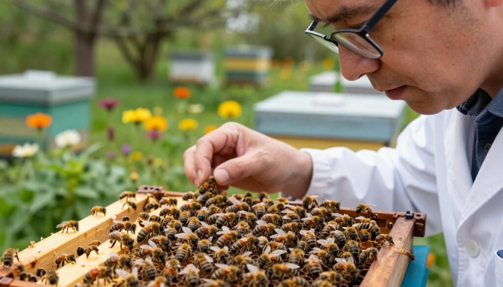 A close-up of a researcher in professional attire examining bees on a hive frame, showcasing bees with distinct natural resistance traits. The foreground features the researcher, a middle-aged person with glasses, intently observing the bees. The middle section includes the hive frame, filled with healthy bees displaying traits like Varroa mite resistance, with some bees exhibiting unique physical characteristics such as robust size or vivid coloration. The background shows a lush apiary with vibrant flowers and greenery, under soft, natural daylight filtering through trees. The atmosphere is calm and focused, emphasizing a sense of dedication to improving bee health and sustainability. Capture the image using a slight depth of field to blur the background while keeping the bees and researcher sharply in focus. A close-up of a researcher in professional attire examining bees on a hive frame, showcasing bees with distinct natural resistance traits. The foreground features the researcher, a middle-aged person with glasses, intently observing the bees. The middle section includes the hive frame, filled with healthy bees displaying traits like Varroa mite resistance, with some bees exhibiting unique physical characteristics such as robust size or vivid coloration. The background shows a lush apiary with vibrant flowers and greenery, under soft, natural daylight filtering through trees. The atmosphere is calm and focused, emphasizing a sense of dedication to improving bee health and sustainability. Capture the image using a slight depth of field to blur the background while keeping the bees and researcher sharply in focus.