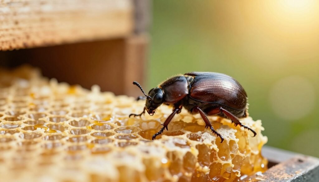 A close-up of a small hive beetle (Aethina tumida) crawling on a piece of honeycomb, showcasing its distinct dark brown exoskeleton and unique flattened body. In the foreground, depict detailed textures of the honeycomb, glistening with honey, while the beetle's tiny legs and eyes are sharply in focus. In the middle ground, include a blurred view of a beehive wall, hinting at the hive's interior. The background should softly fade out to a warm, golden hue to reflect a sunny day in a bee-friendly garden. Use soft, natural lighting to enhance the beetle's features and create a vibrant atmosphere, evoking the essential connection between beekeeping and pest management. Aim for a macro photography style to draw attention to the beetle's characteristics.