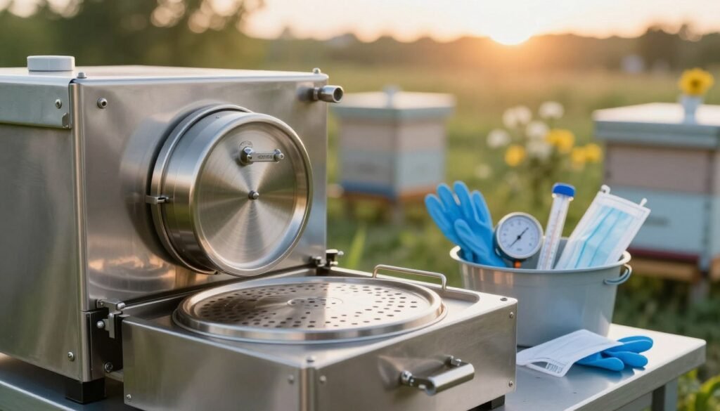 A close-up of a sophisticated heat sterilization hive, showcasing a stainless-steel sterilization chamber prominently in the foreground, gleaming under bright, clinical lighting. In the middle ground, arrange various apiary tools such as gloves, masks, and thermometers, all organized neatly within an equipment bucket. The background features a blurred outdoor apiary setting, with beehives and flowering plants bathed in the soft, warm light of a sunset, creating a serene and professional atmosphere. The composition should emphasize the importance of cleanliness and sanitation in beekeeping practices. The overall mood is focused and methodical, ideal for a disease management setting, with a clear, sharp lens effect to highlight the details of the sterilization process.