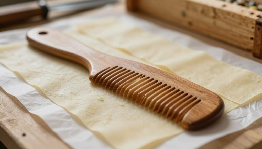 A close-up of a straight comb made from wood, resting on a sheet of waxed plastic foundation and some unwrapped wax foundation sheets. The foreground features the intricate details of the comb's fine teeth and polished surface reflecting soft, natural light. In the middle, the contrasting textures of the waxed plastic and unwrapped sheets create an interesting interplay of shine and matte. The background subtly shows a blurred hive with beekeeping tools, enhancing the theme of bee development. The lighting is warm and inviting, eliciting a sense of craftsmanship and the gentle bustle of a bee-friendly environment. The overall mood is serene and focused, capturing the essence of beekeeping and foundation preparation.