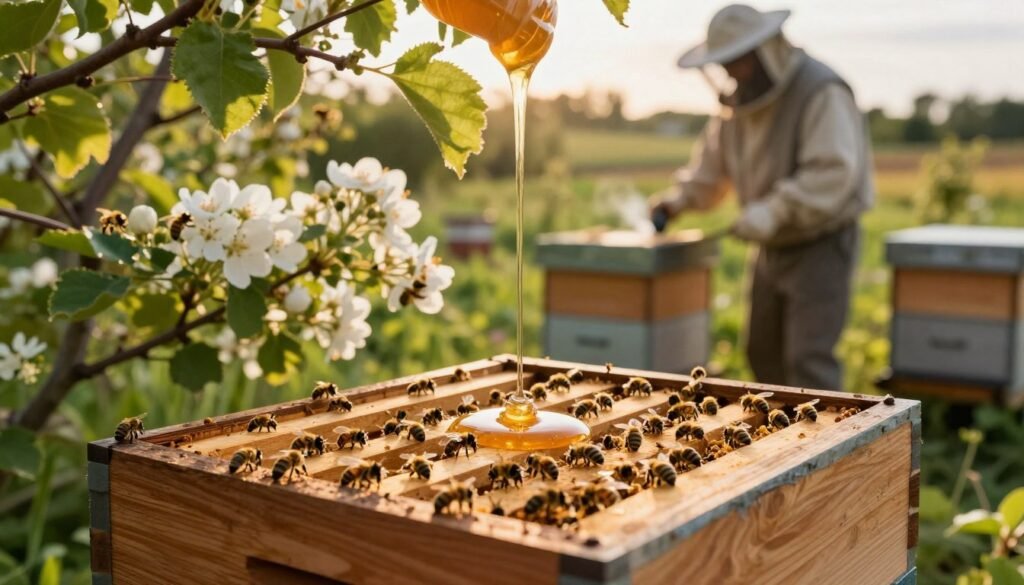 A close-up of a strategic feeding hive set in a lush garden during golden hour, with warm sunlight filtering through the leaves. In the foreground, show a vibrant, wooden hive with bees actively foraging around, highlighting the entrance where a gentle stream of honey syrup is being poured. The middle section features blooming flowers that attract bees, emphasizing the importance of a balanced food source. In the background, a beekeeper in modest casual clothing is inspecting another hive, using a smoker to keep the bees calm, surrounded by a soft, out-of-focus pastoral scene. The mood is serene and productive, reflecting the harmony between bees and their environment, with rich colors and deep shadows to create depth.