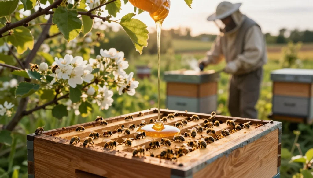 A close-up of a strategic feeding hive set in a lush garden during golden hour, with warm sunlight filtering through the