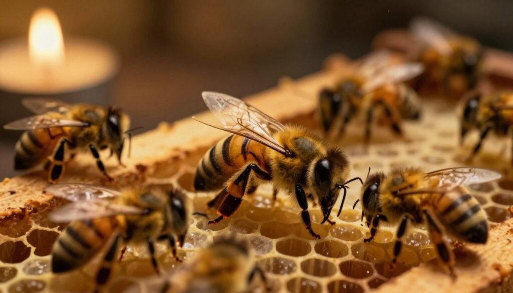 A close-up of a struggling queen bee in a hive, focusing on her frail body and disheveled appearance, surrounded by worker bees that exhibit signs of distress. The foreground shows the queen surrounded by a few worker bees, some nudging her gently, while others display a sense of urgency. In the middle ground, honeycomb frames are partially empty, indicating a lack of egg-laying activity. The background features blurred, dimly-lit hive walls, creating an atmosphere of encroaching worry. The soft, warm yellow light emulates the glow of candlelight, enhancing the mood of concern and urgency. The angle is slightly tilted downward, emphasizing the queen’s fragile condition against the industrious background of the hive.