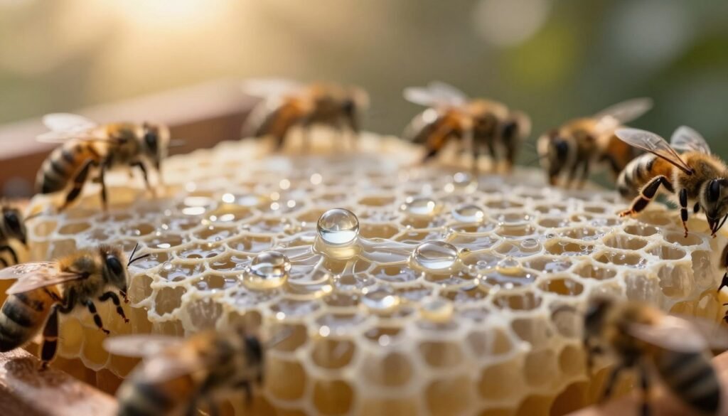 A close-up of a translucent hive filled with honeycomb structures, with droplets of formic acid condensation visually representing temperature limits. In the foreground, soft diffused light highlights the chemical reaction effect of formic acid interacting with the hive, showcasing the liquid's clarity and chemical properties. The middle ground features the hive surrounded by a slightly blurred focus on bees in their natural state, wearing muted tones to convey professionalism. In the background, a warm golden glow simulates sunlight filtering through leaves, creating an environment that feels both scientific and tranquil. Capture the mood of meticulous observation and the delicate balance of temperature, emphasizing clarity and precision in the composition at a 50mm lens perspective.