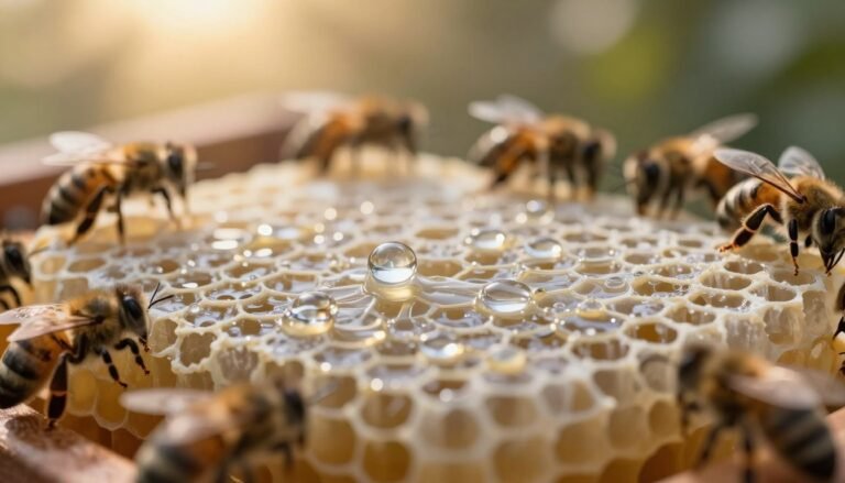 A close-up of a translucent hive filled with honeycomb structures, with droplets of formic acid condensation visually