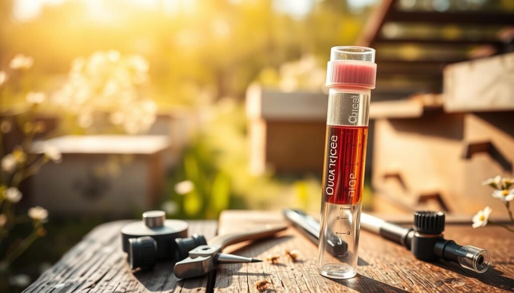 A close-up of a versatile queen marking tube designed for beekeeping, prominently displayed in the foreground. The tube should be semi-transparent, showcasing its vibrant colors—yellow, blue, and pink—that mimic the color-coding system for different queen bees. In the middle ground, delicate beekeeping tools such as a smoker and hive tool subtly support the theme. The background features a soft-focus apiary setting with hives and flowering plants, bathed in warm, natural daylight that enhances the lively yet serene atmosphere of the image. The angle is slightly tilted upward to emphasize the tube's design details, creating an engaging and informative composition that invites admiration of its functionality. No text or overlays present.