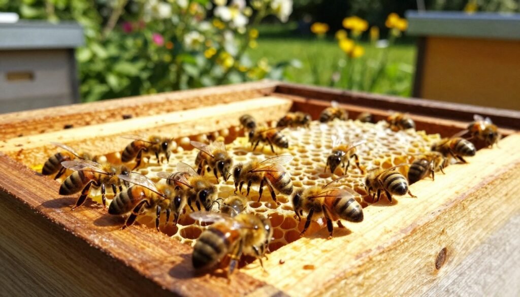 A close-up of a vibrant bee colony in a wooden nuc box, showcasing bees actively working during a warm, sunny day. In the foreground, several bees gather around a honeycomb, with details of their fuzzy bodies and delicate wings glistening in the sunlight. The middle ground features the wooden structure of the nuc with a few open frames revealing honeycomb and larvae. In the background, lush green gardens and blooming flowers provide a soft, natural setting, creating an inviting atmosphere. The light is warm and golden, casting gentle shadows to highlight the bees and the texture of the wood. The scene exudes a sense of harmony and productivity, reflecting the essential role of bees in nature.