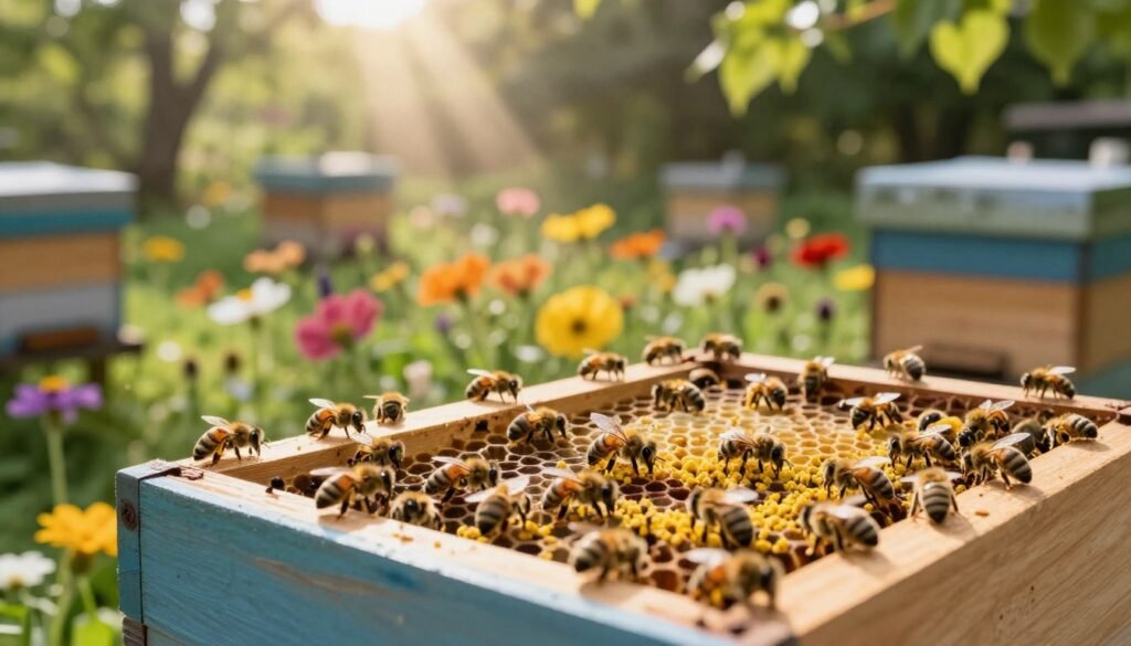 A close-up of a vibrant, healthy bee hive nestled in a sunlit, lush garden. In the foreground, bees are actively working, gathering pollen and nectar. The hive itself is crafted from natural wood, showcasing intricate details of the comb and bees bustling around in an organized manner. In the middle, colorful wildflowers bloom abundantly, providing a backdrop of vivid color and life. A few gentle rays of sunlight filter through the leaves above, creating a warm and inviting atmosphere. In the background, blurred trees offer a sense of peace, while a soft focus gives a dreamlike quality to the scene. The overall mood emphasizes harmony and vitality in nature, reflecting the best practices for maintaining a healthy bee colony.