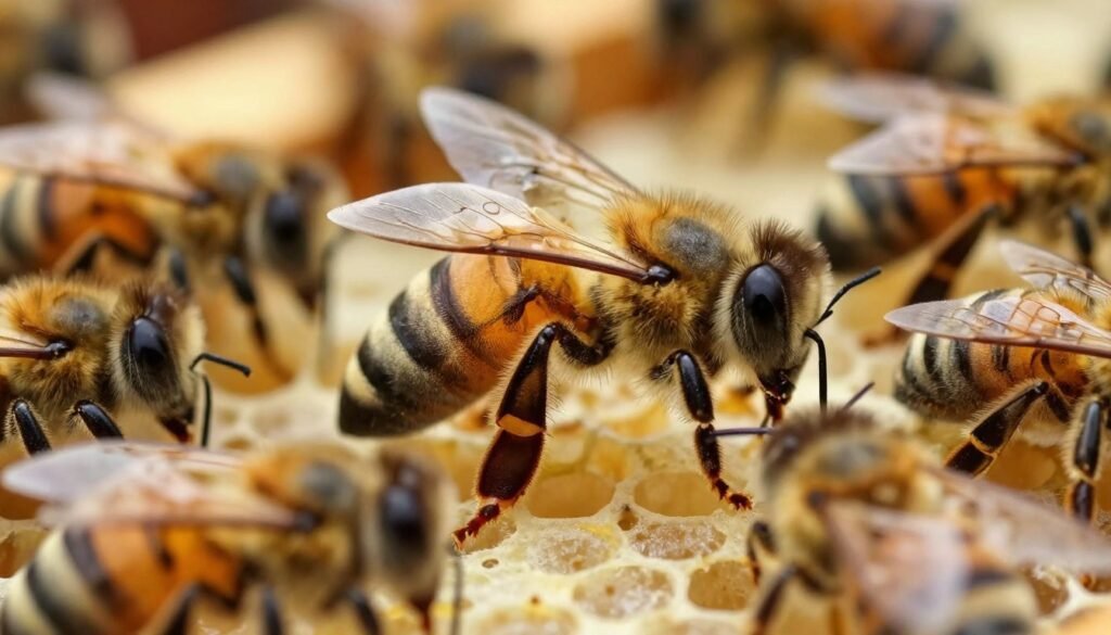 A close-up of a virgin queen bee, showcasing her elongated abdomen and slender body, distinguished from worker bees in a bustling hive. In the foreground, emphasize her size and unique features, such as the smooth, unmarked thorax and the absence of mating signs. In the middle ground, depict worker bees surrounding her, appearing industrious and attentive. The background should illustrate a natural beehive environment, with honeycomb structures and gentle light filtering through, creating a warm, inviting atmosphere. Use soft, diffused lighting to enhance the details of the scene, capturing the essence of a thriving bee colony. The angle should be slightly tilted, giving a dynamic feel to the image while maintaining focus on the virgin queen, instilling a sense of wonder and inquiry about her role in the hive.