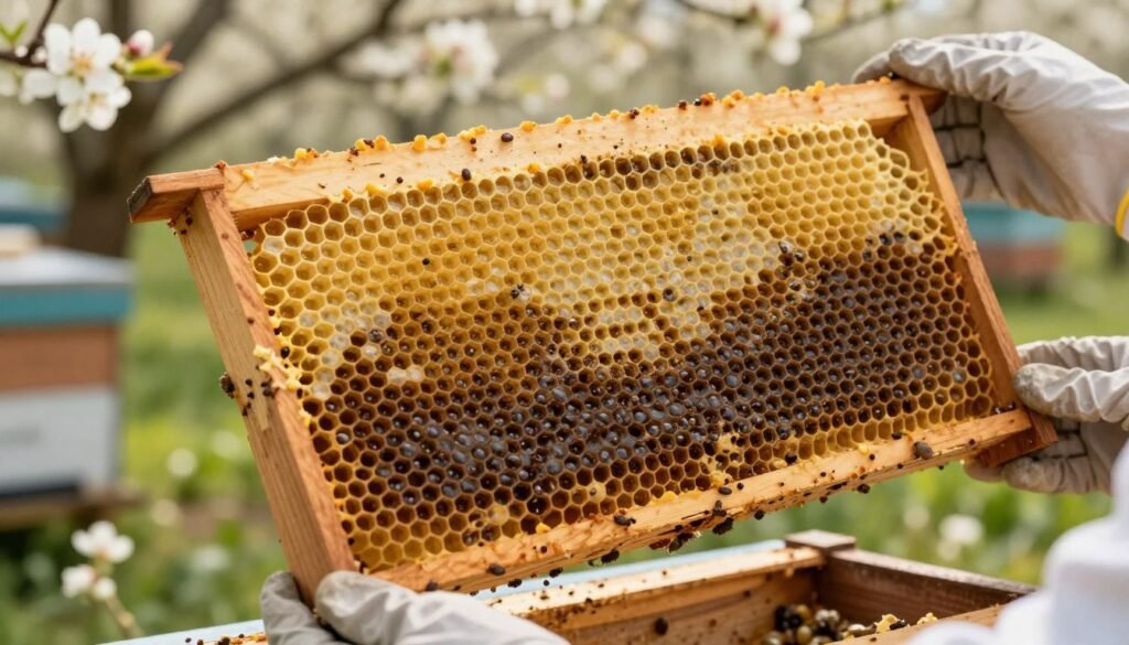 A close-up of a well-maintained brood frame extracted from a beehive, prominently displaying capped and uncapped brood cells, alongside visible Varroa mites. The frame should be held in a pair of gloved hands, ensuring a professional look, with soft sunlight filtering through trees in the background, creating a warm, natural ambiance. The scene is set outdoors, with blooming flowers softly blurred in the background to indicate an idyllic apiary environment. Rich textures of the wood and wax comb should be highlighted, emphasizing the importance of the frame in mite sampling. The composition should be at eye level, inviting the viewer to focus on the frame's details, while maintaining an informative and educational tone.