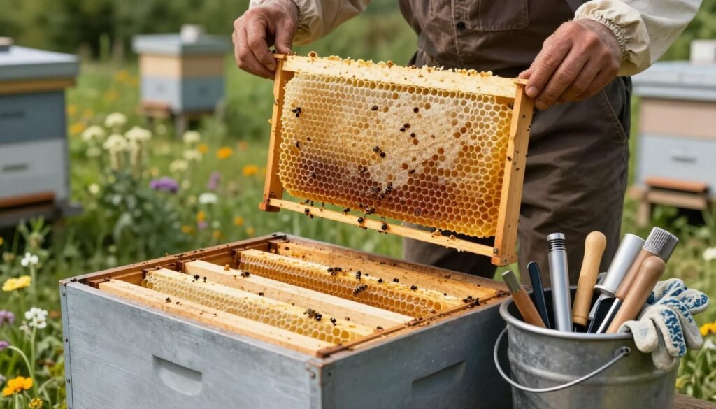 A close-up of a well-organized apiary tool bucket, prominently featuring several wooden frames filled with rich, golden honeycomb, showcasing both healthy and newly drawn combs. The foreground displays a neatly arranged set of frames positioned next to a sturdy, weathered bucket, filled with essential beekeeping tools like a hive tool, smoker, and protective gloves. In the middle ground, a beekeeper in modest casual clothing is inspecting the frames, ensuring proper handling to prevent pathogen spread. The background features a lush apiary filled with flowering plants and beehives under soft natural sunlight, creating a calm and focused atmosphere. The image captures the meticulousness of disease management in beekeeping with a shallow depth of field, highlighting the importance of frames in bee health.