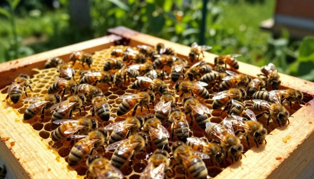 A close-up of a wooden beehive brood frame, showcasing dense clusters of worker bees in motion and intricate hexagonal honeycomb cells filled with larvae and honey. The foreground highlights the bees' detailed anatomy, with glistening wings and delicate fuzzy bodies, suggesting their vital role in the colony. In the middle ground, the brood frame is positioned against a rustic, sunlit background that depicts a lush green garden, creating a vibrant and healthy hive environment. Soft, natural lighting casts a warm glow, emphasizing the golden hues of honey and the rich texture of the wood. The overall atmosphere radiates a sense of diligence and community, reflecting the collaborative spirit of the bee colony. The image should be crisp and clear, capturing the essence of a thriving hive.