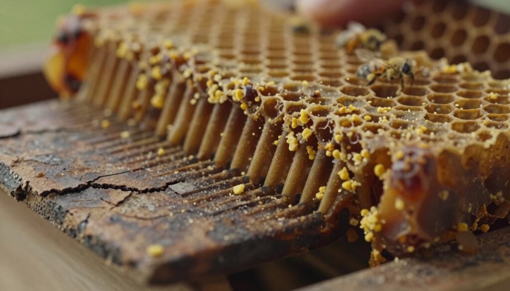 A close-up of aging comb wax, showcasing an intricate texture that exhibits signs of wear and age. The foreground presents a section of dark, brownish wax with visible cracks and uneven surfaces, emphasizing the biological degradation. In the middle, rich layers of the comb are interspersed with remnants of bee pollen and honey, illustrating its deteriorating condition. The background features a blurred honeybee hive structure, softly lit by warm, natural light, creating a serene and historical atmosphere. The angle should be slightly tilted to capture depth, with gentle shadows enhancing the wax's texture. The mood conveys a sense of contemplation on the natural aging process, highlighting both beauty and decay in this essential beekeeping element.
