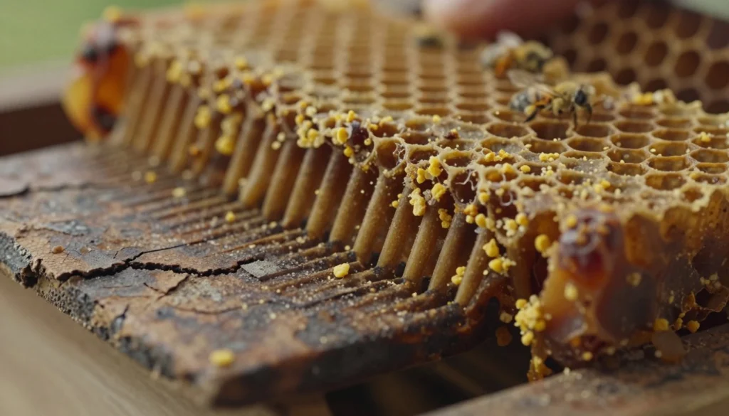 A close-up of aging comb wax, showcasing an intricate texture that exhibits signs of wear and age