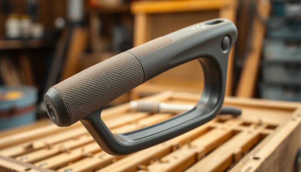 A close-up of an ergonomic handle designed for beekeeping tools, showcasing its comfortable grip and innovative design. In the foreground, highlight the textured surface of the handle, emphasizing contours that provide increased grip stability. The middle ground features a partially disassembled beekeeping frame, focusing on how the ergonomic handle integrates seamlessly with the frame. In the background, softly blurred beekeeping equipment creates a context of a workshop environment, with warm, natural lighting that emphasizes the craftsmanship and functionality of the tools. The overall atmosphere is one of practicality and modern design, promoting a sense of reliability and ease of use for beekeepers. Use a shallow depth of field to draw attention to the handle details, creating a professional and inviting image.