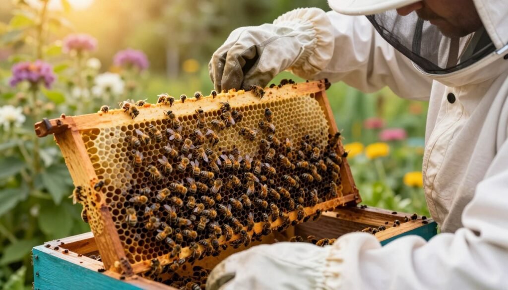 A close-up of an experienced beekeeper in protective gear, carefully inspecting a complex bee hive filled with vibrant, buzzing honeybees. In the foreground, focus on the beekeeper's gloved hands as they gently manipulate the hive frames, showcasing advanced techniques for managing aggressive bees. The middle ground features the intricate details of the hive itself, with visible honeycomb structures and clusters of bees in various activities: foraging, guarding, and nurturing. In the background, a serene garden setting with flowering plants suggests a peaceful environment, illuminated by soft, golden sunlight filtering through the leaves. The atmosphere is tense yet focused, highlighting the delicate balance between beekeeper and bees. The scene captures the essence of expert skill in beekeeping, with rich colors and a warm, natural light to evoke a sense of harmony.