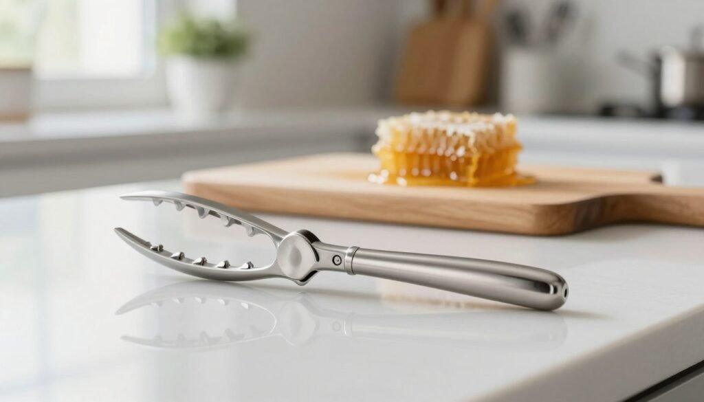 A close-up of an uncapping fork elegantly positioned on a clean, reflective kitchen countertop. The uncapping fork, made of stainless steel with a polished finish, glistens under soft, natural lighting from a window nearby, highlighting its sharp prongs designed for extracting honeycomb. In the middle ground, a blurred wooden cutting board with some honeycomb residue adds context but does not distract from the fork. The background features subtle kitchen elements like a plant and a neatly arranged set of utensils, enhancing the clean and organized atmosphere. The overall mood is fresh and inviting, ideal for a guide on proper cleaning techniques, with a shallow depth of field to focus attention on the uncapping fork. A close-up of an uncapping fork elegantly positioned on a clean, reflective kitchen countertop. The uncapping fork, made of stainless steel with a polished finish, glistens under soft, natural lighting from a window nearby, highlighting its sharp prongs designed for extracting honeycomb. In the middle ground, a blurred wooden cutting board with some honeycomb residue adds context but does not distract from the fork. The background features subtle kitchen elements like a plant and a neatly arranged set of utensils, enhancing the clean and organized atmosphere. The overall mood is fresh and inviting, ideal for a guide on proper cleaning techniques, with a shallow depth of field to focus attention on the uncapping fork.