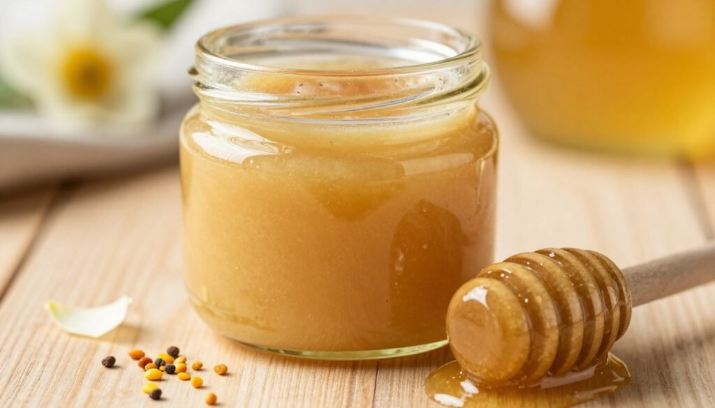 A close-up of creamy honey in a rustic glass jar, with a smooth, velvety texture that highlights its thick consistency. The foreground features a honey dipper coated in glistening creamed honey, emphasizing its luscious appearance. In the middle, a few scattered bee pollen granules add pops of color and texture, while a delicate flower petal lies nearby, hinting at the natural ingredients. The background is softly blurred with warm, natural light filtering through, enhancing the golden hue of the honey and creating a cozy atmosphere. The setting is a wooden kitchen table, evoking a homey feeling that invites the viewer to explore the world of artisanal creamed honey. A close-up of creamy honey in a rustic glass jar, with a smooth, velvety texture that highlights its thick consistency. The foreground features a honey dipper coated in glistening creamed honey, emphasizing its luscious appearance. In the middle, a few scattered bee pollen granules add pops of color and texture, while a delicate flower petal lies nearby, hinting at the natural ingredients. The background is softly blurred with warm, natural light filtering through, enhancing the golden hue of the honey and creating a cozy atmosphere. The setting is a wooden kitchen table, evoking a homey feeling that invites the viewer to explore the world of artisanal creamed honey.