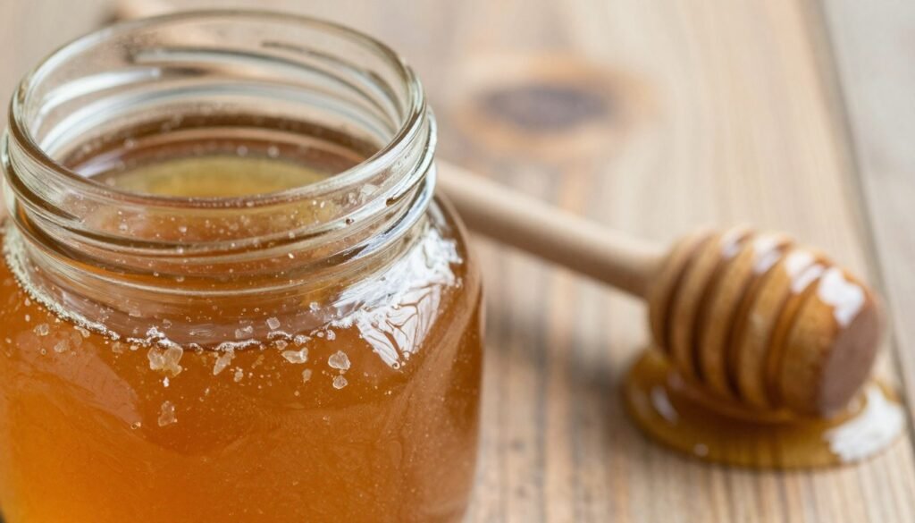 A close-up of crystallized honey in a glass jar, showcasing its unique textures and rich golden hues. The foreground features the jar, with natural light reflecting off its surface, highlighting the intricate crystalline structures within the honey. In the middle, a wooden honey dipper rests alongside the jar, with some crystallized honey clinging to its tip. The background is softly blurred, depicting a rustic wooden table, adding warmth and a natural feel to the scene. The overall mood is inviting and tranquil, emphasizing the beauty of crystallized honey as a natural product. The lighting is warm and soft, creating an intimate atmosphere that draws attention to the details of the honey's texture.