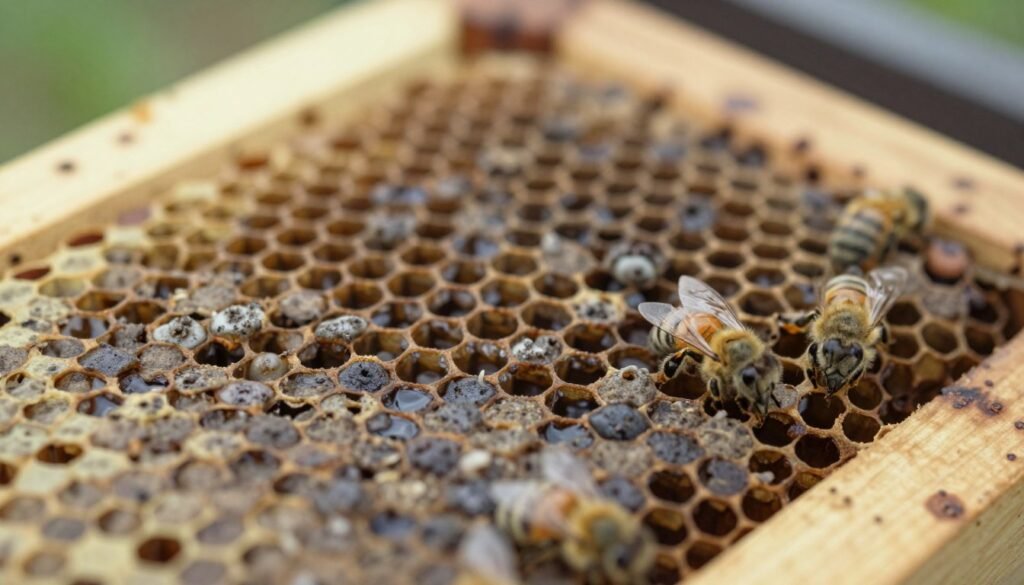 A close-up of honey bee brood frames displaying symptoms of American Foulbrood, featuring distinct sunken, discolored, and perforated brood cells. In the foreground, several larvae exhibit a greyish-brown color with a watery appearance, emphasizing the disease's impact. The middle ground focuses on honeycomb cells, some appearing dark and sunken, alongside healthy cells for contrast. The background includes blurred beehive components, allowing the viewer to grasp the larger context. Soft, natural lighting simulates an outdoor environment, with a slight focus on the brood, suggesting an informative yet concerned atmosphere. The composition should evoke a sense of urgency without being alarming, aimed at educating beekeepers on recognizing these critical symptoms.