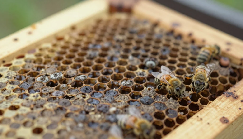A close-up of honey bee brood frames displaying symptoms of American Foulbrood, featuring distinct sunken, discolored, and