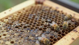 A close-up of honey bee brood frames displaying symptoms of American Foulbrood, featuring distinct sunken, discolored, and