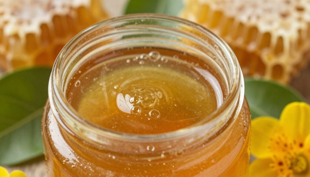 A close-up of liquid honey glistening in a glass jar, highlighting its thick, viscous texture and natural golden hue, adorned with tiny bubbles that suggest moisture content. Surrounding the jar, gentle reflections of green leaves and vibrant flowers create a sense of the natural environment where honey is produced. In the background, soft-focus honeycomb structures provide depth, while warm, diffused lighting enhances the richness of the golden tones, evoking a sense of warmth and authenticity. The overall mood is inviting and organic, capturing the essence of honey’s natural beauty and the environmental factors that influence its moisture levels. Use a macro lens perspective to highlight intricate details in the honey droplets.