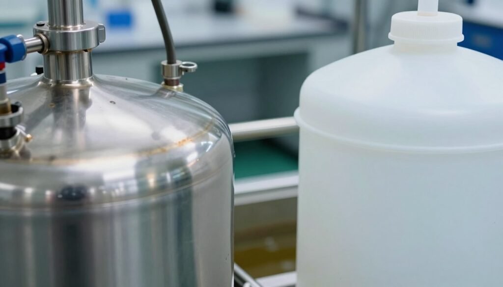 A close-up of two distinct bottling tanks, one made of gleaming stainless steel and the other of bright, durable plastic, showcasing their surfaces to highlight corrosion resistance. In the foreground, focus on the stainless steel tank displaying its shiny, smooth surface without any signs of rust or deterioration, while the plastic tank is shown with a slightly textured finish. In the middle ground, emphasize a small pool of mild corrosive liquid beneath the tanks, illustrating the environment they are tested in. The background features a laboratory setting with soft, diffuse lighting to create an analytical atmosphere. The scene is captured with a shallow depth of field, allowing the viewer to focus on the tanks while the background blurs gently, enhancing the technical mood of the image.