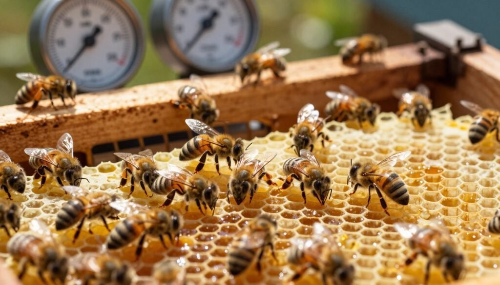 A close-up perspective of a beehive interior showcasing bees in motion, some clustering around a honeycomb filled with golden honey. The foreground features bees flitting among hexagonal cells, capturing their intricate wing details. In the middle ground, thermometers and ventilation passages indicate varying hive temperatures, emphasizing the importance of climate control within the hive. The background softly blurs out, suggesting the hive's wooden structure and natural surroundings. The image is lit with warm, natural sunlight filtering through small openings, creating a cozy yet industrious atmosphere. The overall mood should evoke a sense of harmony and diligence, highlighting the essential balance of heat and ventilation for bee survival. A close-up perspective of a beehive interior showcasing bees in motion, some clustering around a honeycomb filled with golden honey. The foreground features bees flitting among hexagonal cells, capturing their intricate wing details. In the middle ground, thermometers and ventilation passages indicate varying hive temperatures, emphasizing the importance of climate control within the hive. The background softly blurs out, suggesting the hive's wooden structure and natural surroundings. The image is lit with warm, natural sunlight filtering through small openings, creating a cozy yet industrious atmosphere. The overall mood should evoke a sense of harmony and diligence, highlighting the essential balance of heat and ventilation for bee survival.