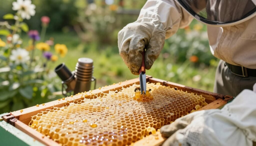 A close-up perspective of a beekeeper in professional attire, gently extracting wax cappings from a honeycomb frame. The beekeeper uses a specialized tool, showcasing the texture and glistening honey beneath the cappings. In the foreground, sharp details highlight the golden wax and its smooth surface, with droplets of honey glistening in the sunlight. In the middle, the honeycomb frame is surrounded by an array of beekeeping gear, such as protective gloves and a smoker, slightly out of focus to create depth. The background features a lush garden setting with blooming flowers, softly diffused sunlight casting warm shadows, evoking a peaceful and productive atmosphere, emphasizing the harmonious relationship between bees and beekeeping practices. A close-up perspective of a beekeeper in professional attire, gently extracting wax cappings from a honeycomb frame. The beekeeper uses a specialized tool, showcasing the texture and glistening honey beneath the cappings. In the foreground, sharp details highlight the golden wax and its smooth surface, with droplets of honey glistening in the sunlight. In the middle, the honeycomb frame is surrounded by an array of beekeeping gear, such as protective gloves and a smoker, slightly out of focus to create depth. The background features a lush garden setting with blooming flowers, softly diffused sunlight casting warm shadows, evoking a peaceful and productive atmosphere, emphasizing the harmonious relationship between bees and beekeeping practices.