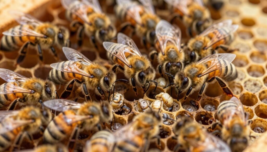 A close-up photo of a colony of honey bees clustered around drone brood cells, highlighting the signs of drone brood disease. In the foreground, focus on multiple drone brood cells that appear larger than usual, with some larvae presenting an unhealthy, discolored appearance. In the middle, show bees working intently, some appearing lethargic or distressed, as they care for the brood. The background should consist of honeycomb architecture, softly blurred, to emphasize the main subjects while still providing context. Use natural lighting to enhance details, mimicking the warmth of sunlight, and capture from a slightly overhead angle for a comprehensive view. The overall mood should be serious and informative, fostering an understanding of the disease's impact on the bee colony.