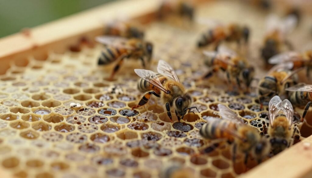 A close-up photograph of honeycomb hive cells, highlighting clear distinctions between sunken cappings and healthy brood cappings. In the foreground, focus on individual cells with a fine detail, showcasing the glossy appearance of healthy cappings alongside the dull, indented look of sunken ones. The middle layer features a beehive structure, where bees can be seen tending to the cells, emphasizing their busy activity. In the background, soft, natural light filters through, creating a warm atmosphere that enhances the textures of the wax cappings and the bees’ delicate features. Use a macro lens to capture the intricate details and create a shallow depth of field for a professional, scientific aesthetic.