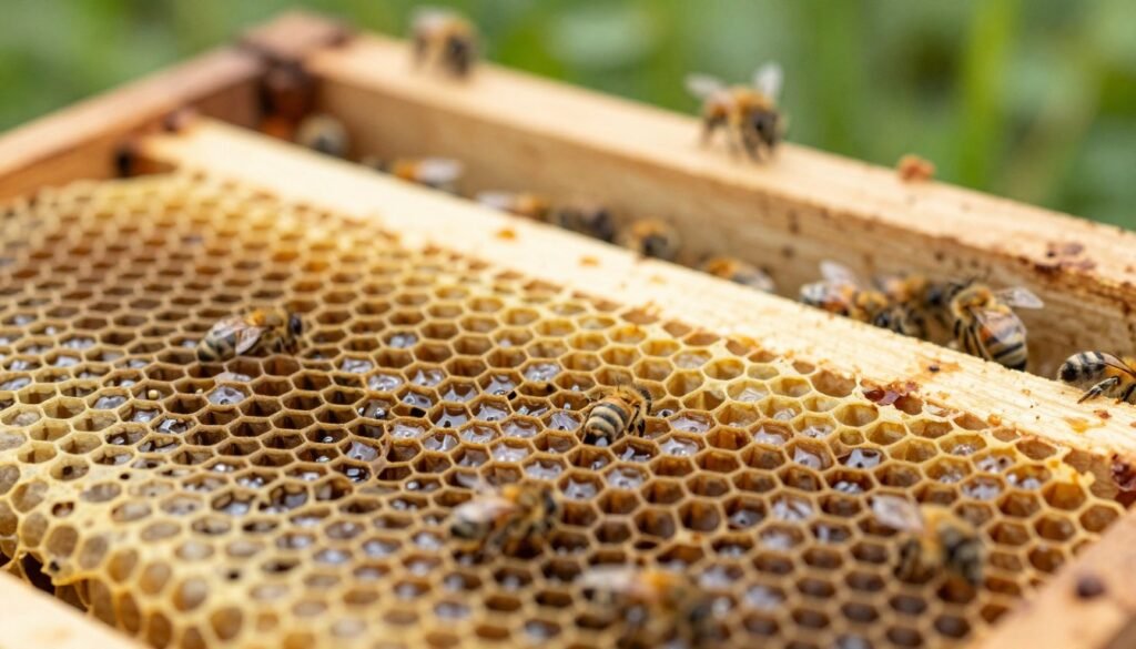 A close-up photograph showcasing a healthy brood pattern within a beehive. In the foreground, focus on a section of capped brood cells, revealing rich, glossy, and well-formed cappings with a warm golden hue, reflecting the vitality of the developing bees inside. The middle ground features a soft focus on additional brood frames, emphasizing the orderly arrangement of hexagonal cells, some open and others capped. The background should depict a blurred hive environment, with natural wood tones of the hive contrasting against vibrant green foliage, suggesting the bees' harmonious setting. Utilize soft, natural lighting to highlight the details and textures of the brood and cappings, creating an inviting atmosphere that conveys life and health within the hive. Capture the image at a slight angle to add depth, emphasizing the intricacies of the bee breeding process.