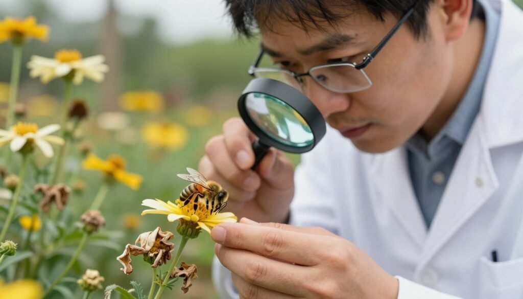 A close-up scene capturing a skilled entomologist in a white lab coat, diligently examining a honeybee on a flowering plant, highlighting pesticide damage. The foreground shows the bee, with its wings slightly damaged, reflecting sunlight. In the middle, focus on the researcher using a magnifying glass, tightly framing their focused expression and professional attire. In the background, an array of flowers is visible, some wilting, illustrating the effects of pesticides. The setting is outdoors in a vibrant pollination yard under soft, natural lighting, evoking a serious and reflective atmosphere. The angle is slightly elevated, providing a clear view of the interaction between the researcher and the environment, emphasizing the importance of documenting ecological effects.