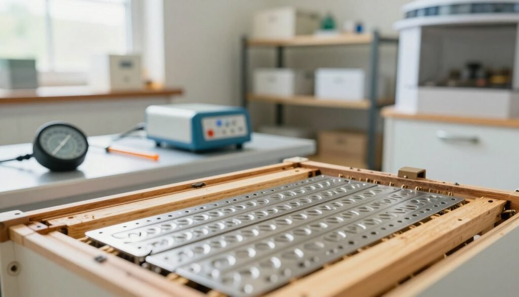 A close-up scene capturing heat sterilization frames used in beekeeping. The foreground features metallic frames, gleaming under bright, natural lighting, showcasing their unique design with intricate patterns. In the middle ground, an organized workspace is visible, with tools like thermometers and heat sources, illustrating their practical use. The background reveals a soft-focus setting of a clean, well-lit beekeeping garage, with shelves lined with more equipment and sterilization devices. The atmosphere is one of precision and cleanliness, evoking a sense of professionalism and care for bee health. The image is framed at eye level, creating a direct, engaging view that emphasizes the importance of maintaining sterilization methods in beekeeping. A close-up scene capturing heat sterilization frames used in beekeeping. The foreground features metallic frames, gleaming under bright, natural lighting, showcasing their unique design with intricate patterns. In the middle ground, an organized workspace is visible, with tools like thermometers and heat sources, illustrating their practical use. The background reveals a soft-focus setting of a clean, well-lit beekeeping garage, with shelves lined with more equipment and sterilization devices. The atmosphere is one of precision and cleanliness, evoking a sense of professionalism and care for bee health. The image is framed at eye level, creating a direct, engaging view that emphasizes the importance of maintaining sterilization methods in beekeeping.