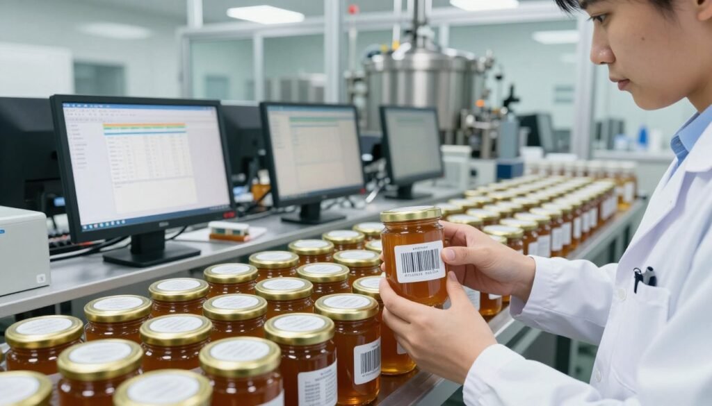A close-up scene depicting a batch coding system for honey jars, focusing on meticulously organized jars on a production line. In the foreground, a researcher in a lab coat inspects a jar with a unique barcode, symbolizing traceability. The middle layer showcases a modern workspace filled with computer screens displaying tracing software, and honey processing equipment. In the background, a bright, well-lit facility with glass walls reveals the busy production process. The lighting is bright and sterile, enhancing a professional atmosphere. The image conveys a sense of diligence and precision in managing risks through effective recall systems.