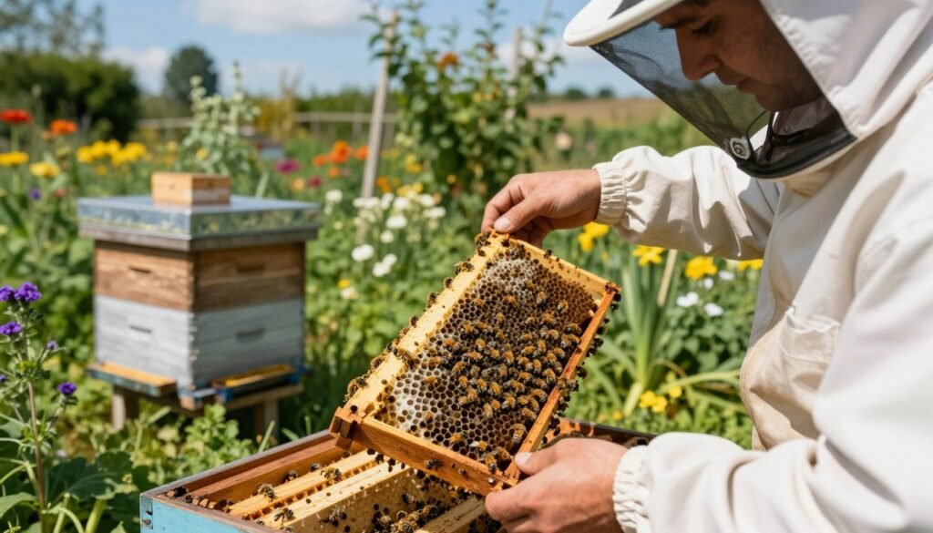 A close-up scene depicting a beekeeper in a white protective suit and veil, skillfully transferring brood frames between two wooden beehives in a lush garden. The foreground features the beekeeper's hands gently handling a frame filled with capped brood and larvae, showcasing the intricate details of the bees' work. In the middle ground, the two beehives are positioned on a sunny day, surrounded by vibrant flowers and greenery, highlighting the serene yet busy atmosphere of bee life. The background shows a clear blue sky, adding to the peaceful mood. Utilize soft, natural lighting to enhance the details of the bees and brood, captured from a slightly elevated angle to give depth to the scene. A close-up scene depicting a beekeeper in a white protective suit and veil, skillfully transferring brood frames between two wooden beehives in a lush garden. The foreground features the beekeeper's hands gently handling a frame filled with capped brood and larvae, showcasing the intricate details of the bees' work. In the middle ground, the two beehives are positioned on a sunny day, surrounded by vibrant flowers and greenery, highlighting the serene yet busy atmosphere of bee life. The background shows a clear blue sky, adding to the peaceful mood. Utilize soft, natural lighting to enhance the details of the bees and brood, captured from a slightly elevated angle to give depth to the scene.