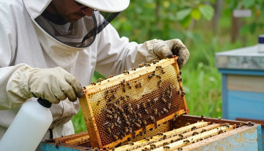 A close-up scene depicting a beekeeper in professional attire, applying oxalic acid treatment to bee frames within a honey super. The foreground features the beekeeper, focused and applying the oxalic acid carefully, with a sprayer in hand. In the middle ground, detailed bee frames with bees actively crawling, showcasing their natural behavior in a well-maintained hive. The background displays lush greenery, indicative of a thriving apiary environment, with soft natural light filtering through the leaves, creating a gentle and calm atmosphere. The angle captures the intricate details of the bees and the honey super while emphasizing the importance of mite control in beekeeping.