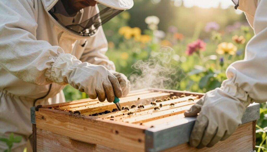 A close-up scene depicting a beekeeper in professional attire, carefully sealing a hive entrance with a specialized tool. The foreground features the beekeeper's hands, wearing protective gloves and a bee suit, engaged in the precise action of applying a sealing material around the hive entrance. In the middle ground, the wooden hive is detailed, showcasing its natural texture and a small opening where bees are visible entering and exiting. The background consists of a sunny, bright garden with flowers, adding a soft, inviting atmosphere. Use soft, warm lighting to enhance the scene, and capture the image from a low angle to emphasize the beekeeper's focus and the importance of the vaporization process. The mood is calm and diligent, highlighting the careful practice of beekeeping. A close-up scene depicting a beekeeper in professional attire, carefully sealing a hive entrance with a specialized tool. The foreground features the beekeeper's hands, wearing protective gloves and a bee suit, engaged in the precise action of applying a sealing material around the hive entrance. In the middle ground, the wooden hive is detailed, showcasing its natural texture and a small opening where bees are visible entering and exiting. The background consists of a sunny, bright garden with flowers, adding a soft, inviting atmosphere. Use soft, warm lighting to enhance the scene, and capture the image from a low angle to emphasize the beekeeper's focus and the importance of the vaporization process. The mood is calm and diligent, highlighting the careful practice of beekeeping.
